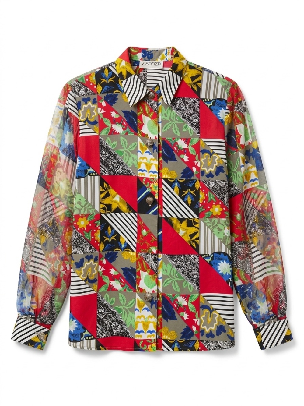Vintage Visanza Patchwork Floral Geometric Sheer Sleeve Button Down Shirt M